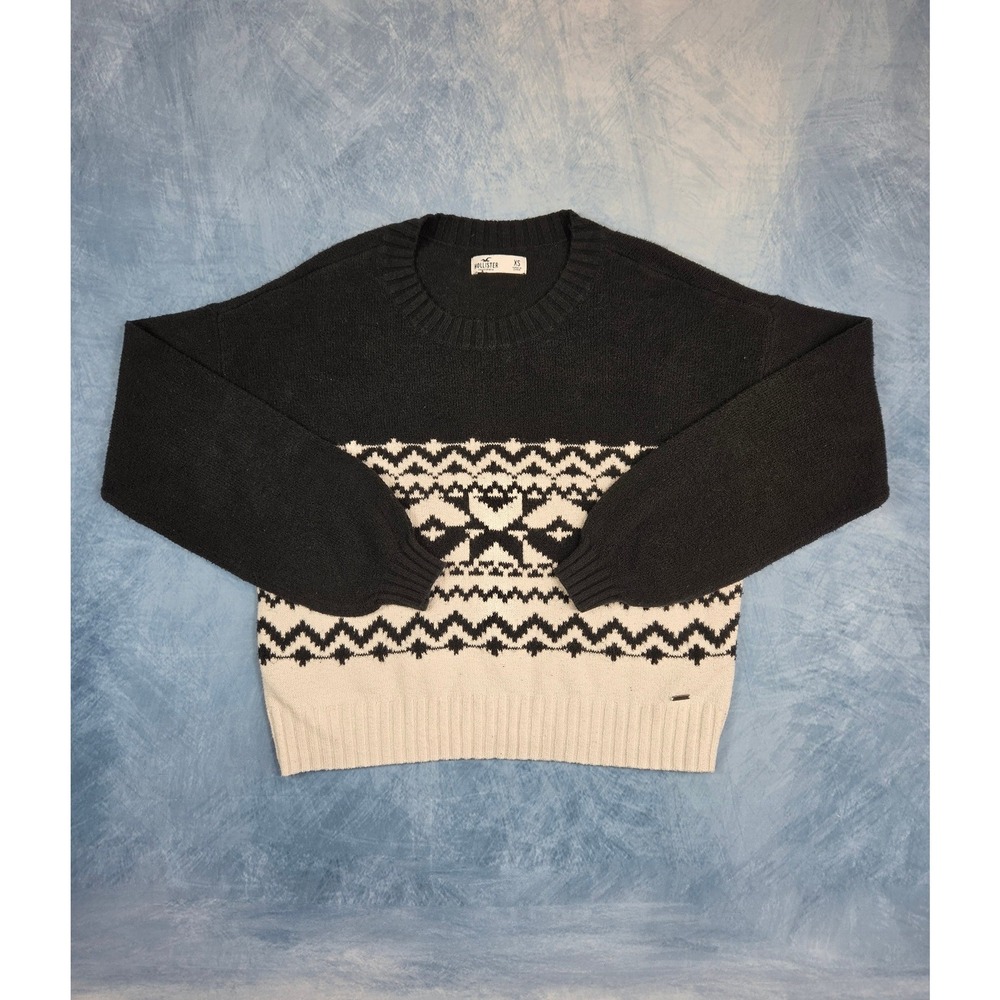 Hollister Fair Isle Women's Sweater XS Black White Geometric Crew Neck Knit